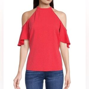 Michael Kors Seersucker Halter Neck Cold Shoulder Short Flutter Sleeve Stripes